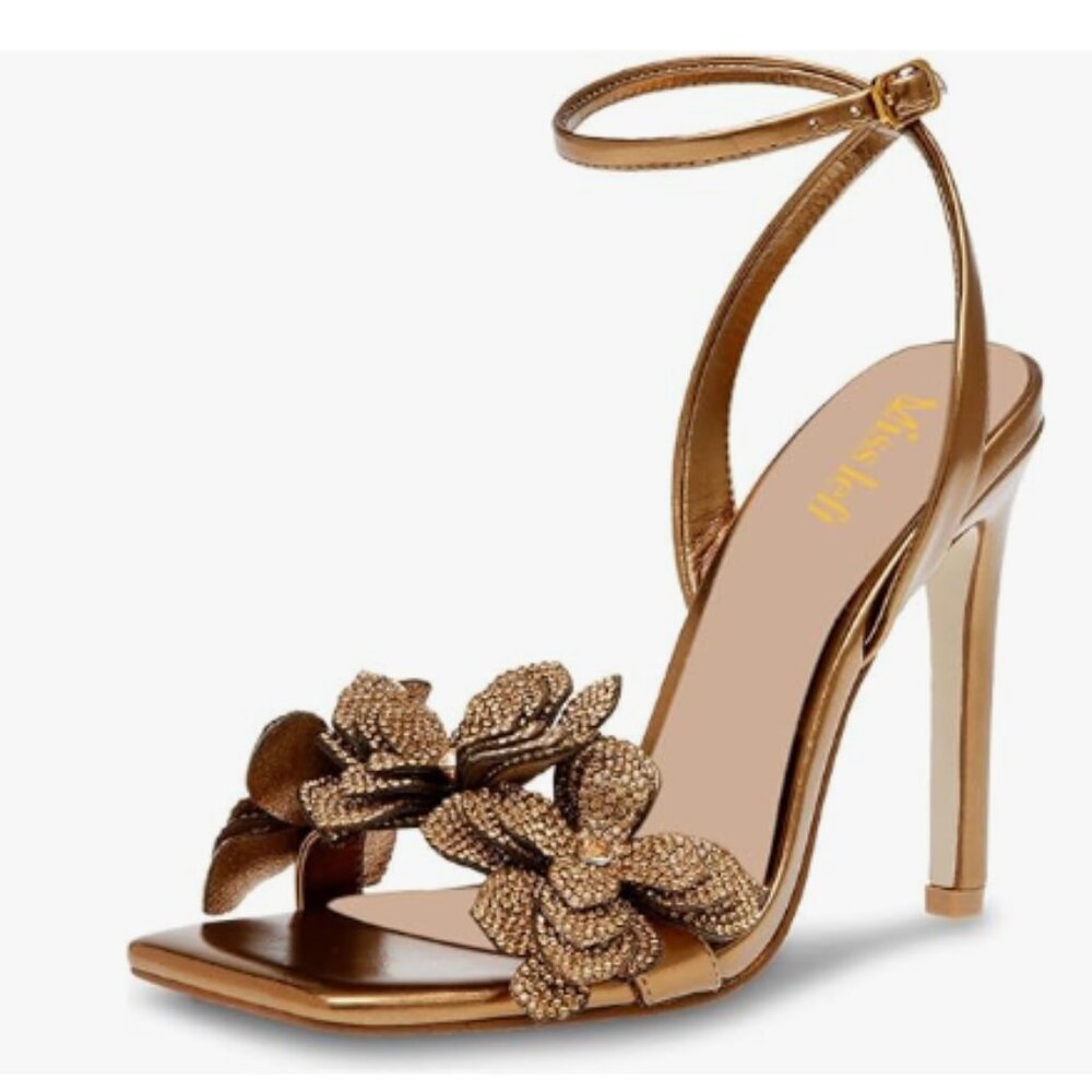 miss left Gold Rhinestones Stiletto Heel Sandals with Strap Buckle Flower Shoes